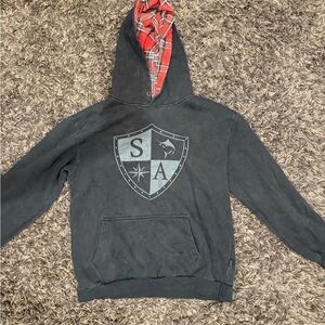 Black Hooded Sweater with Red Plaid Lining